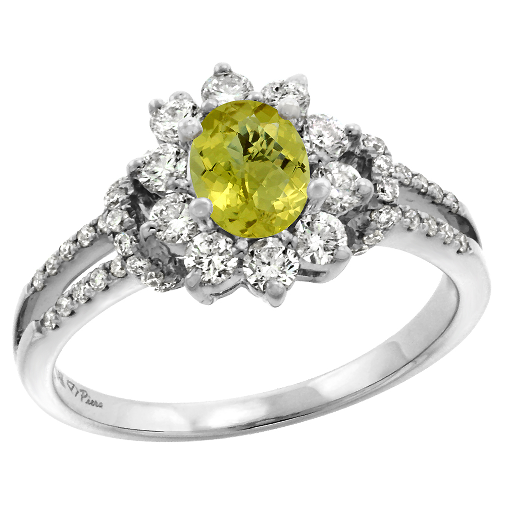 14k White Gold Diamond Genuine Lemon Quartz Halo Engagement Ring Oval 7x5mm, size 5-10