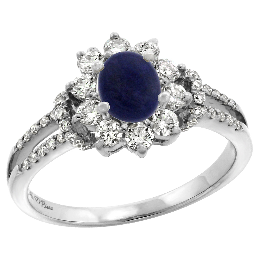 14k White Gold Diamond Genuine Lapis Lazuli Halo Engagement Ring Oval 7x5mm, size 5-10