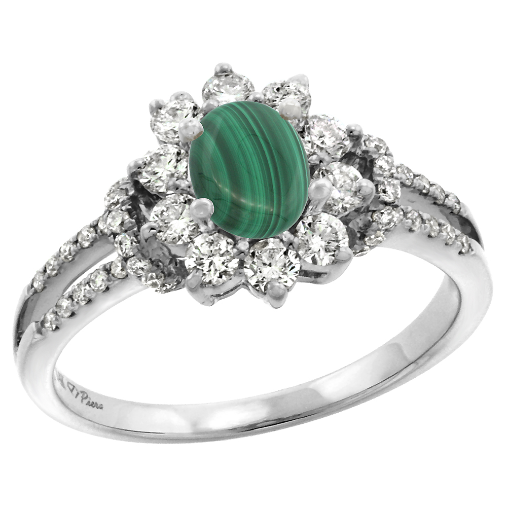 14k White Gold Diamond Genuine Malachite Halo Engagement Ring Oval 7x5mm, size 5-10