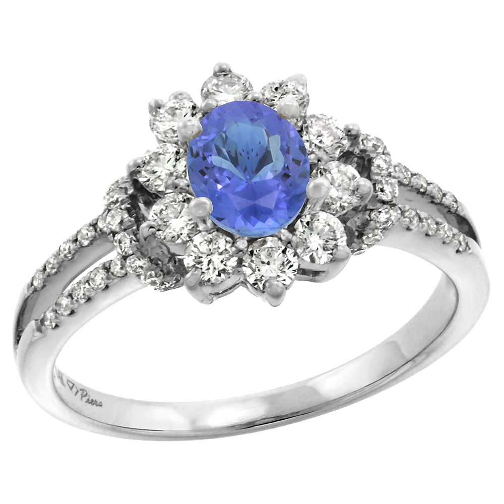 14k White Gold Diamond Genuine Tanzanite Halo Engagement Ring Oval 7x5mm, size 5-10