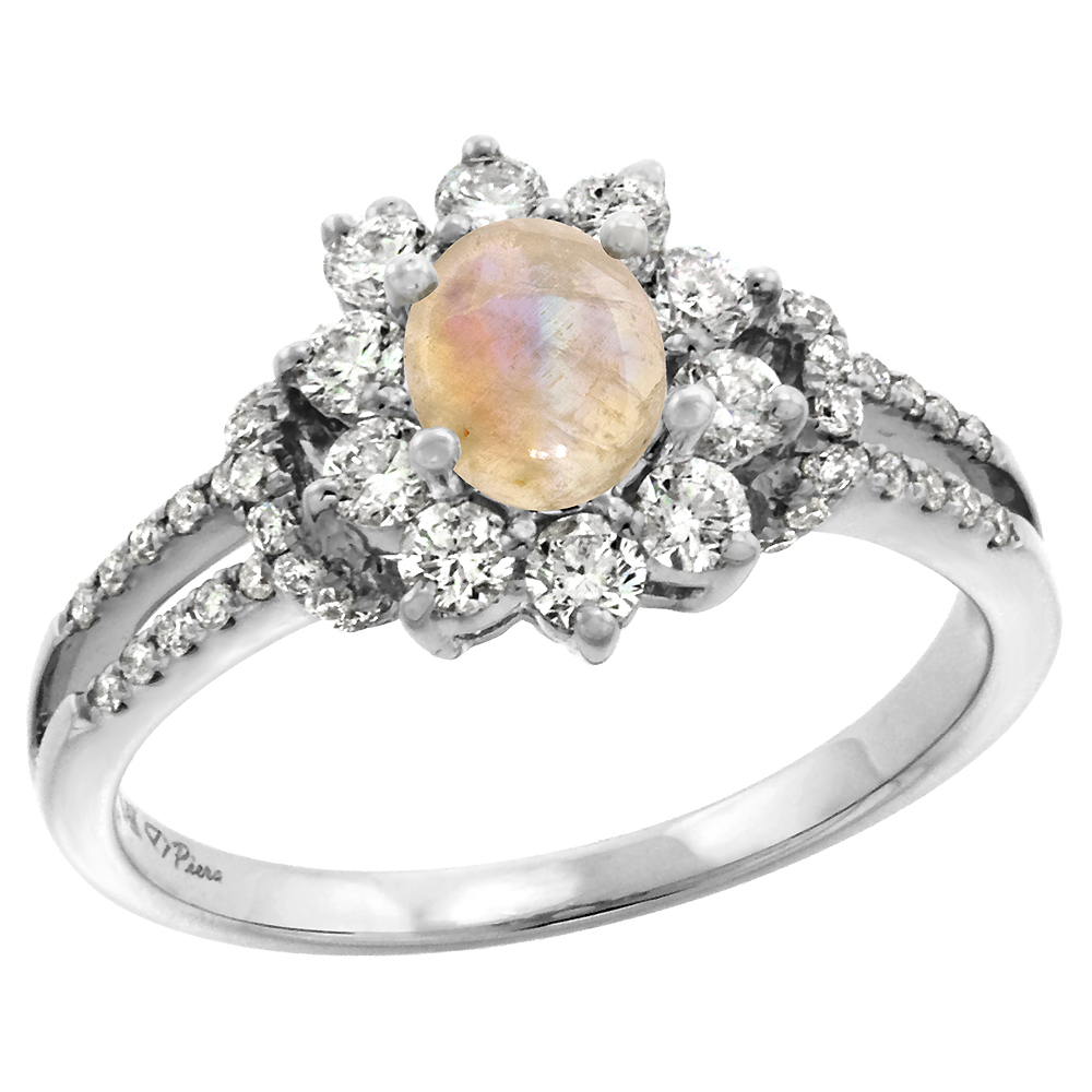 14k White Gold Diamond Genuine Rainbow Moonstone Halo Engagement Ring Oval 7x5mm, size 5-10