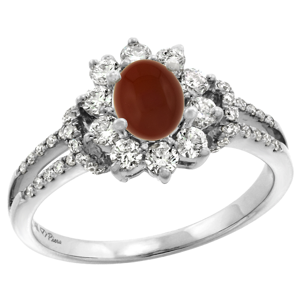 14k White Gold Diamond Genuine Brown Agate Halo Engagement Ring Oval 7x5mm, size 5-10