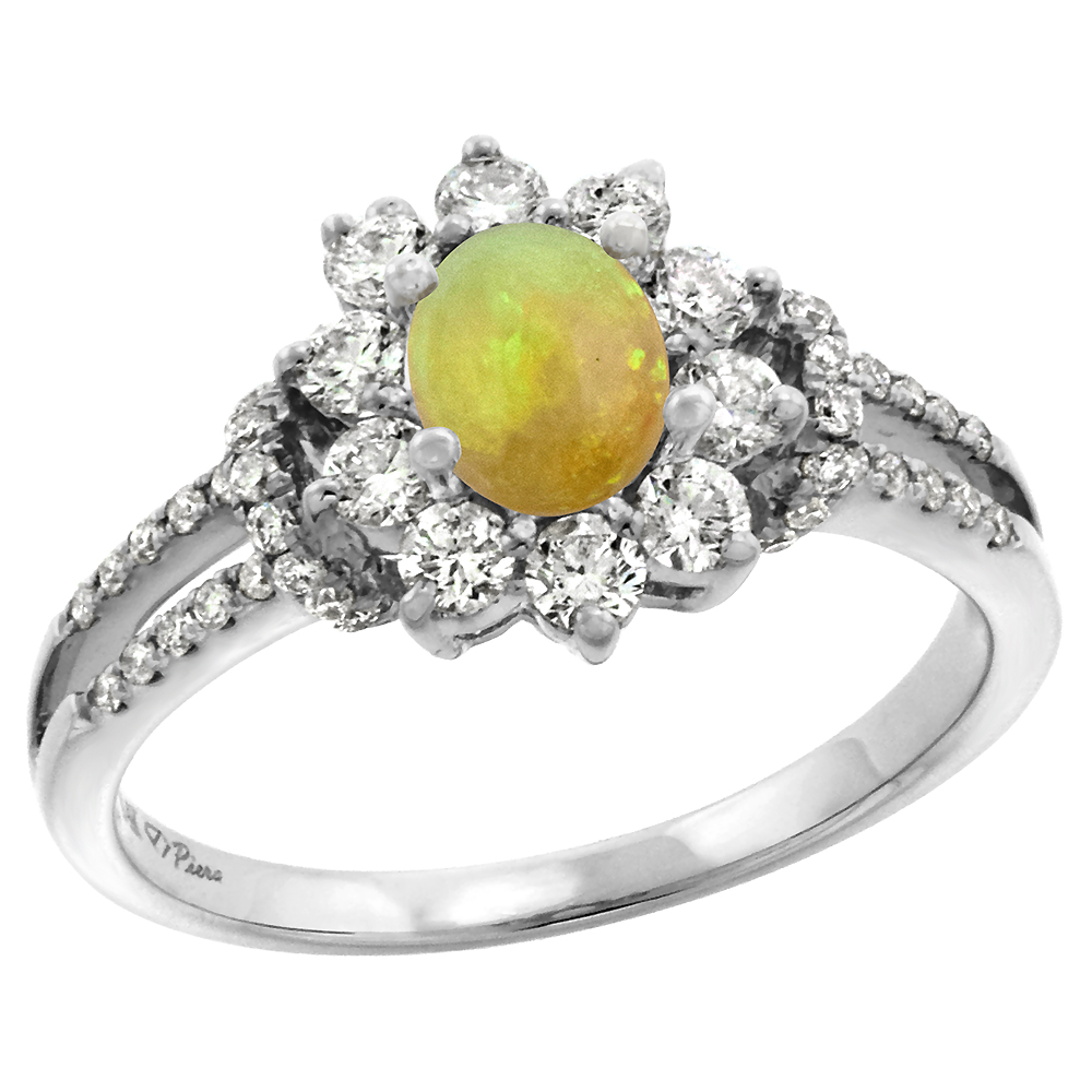 14k White Gold Diamond Genuine Ethiopian Opal Halo Engagement Ring Oval 7x5mm, size 5-10