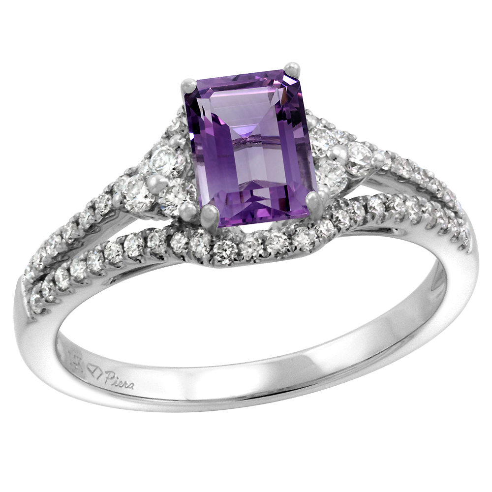 14k White Gold Diamond Halo Genuine Amethyst Engagement Ring Split Shank Octagon 7x5mm, size 5-10