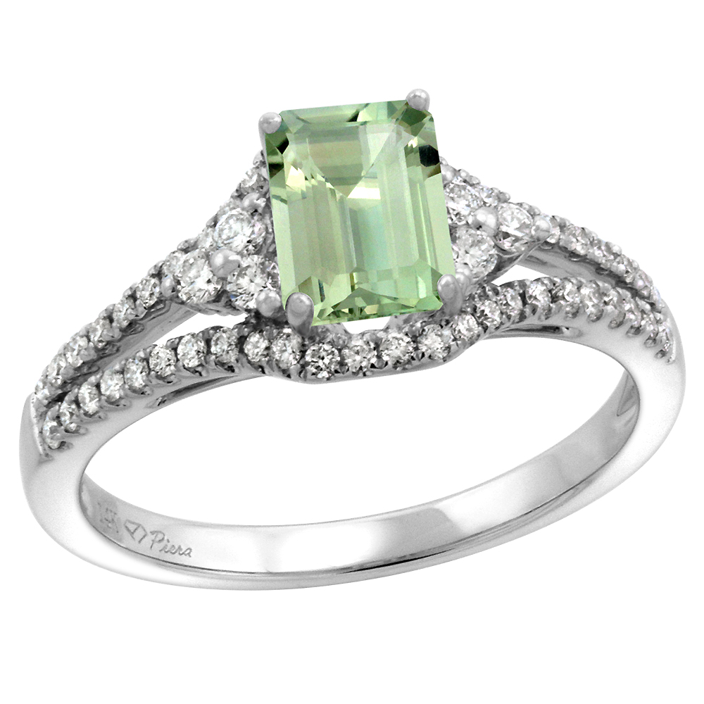 14k White Gold Diamond Halo Genuine Green Amethyst Engagement Ring Split Shank Octagon 7x5mm, size 5-10