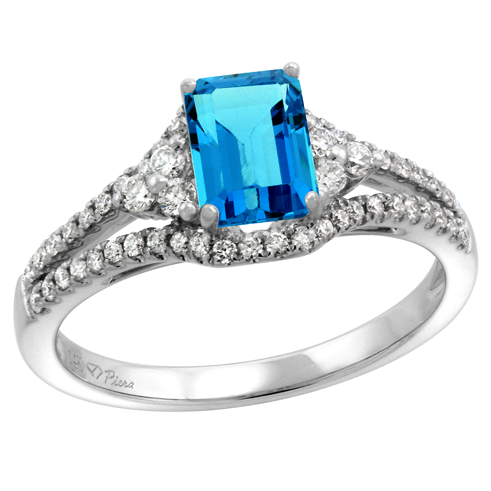 14k White Gold Diamond Halo Genuine Swiss Blue Topaz Engagement Ring Split Shank Octagon 7x5mm, size 5-10
