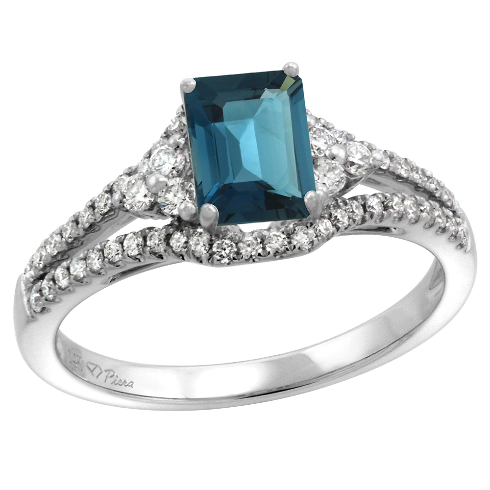 14k White Gold Diamond Halo Genuine London Blue Topaz Engagement Ring Split Shank Octagon 7x5mm, size 5-10