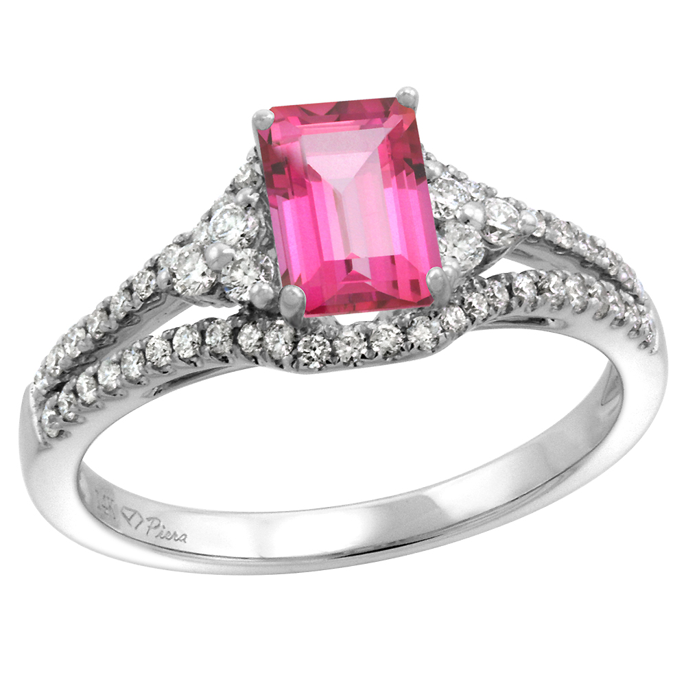 14k White Gold Diamond Halo Genuine Pink Topaz Engagement Ring Split Shank Octagon 7x5mm, size 5-10