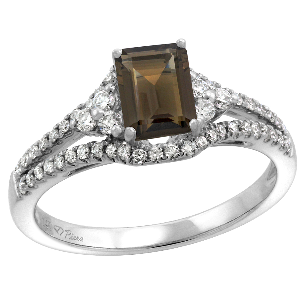 14k White Gold Diamond Halo Genuine Smoky Topaz Engagement Ring Split Shank Octagon 7x5mm, size 5-10