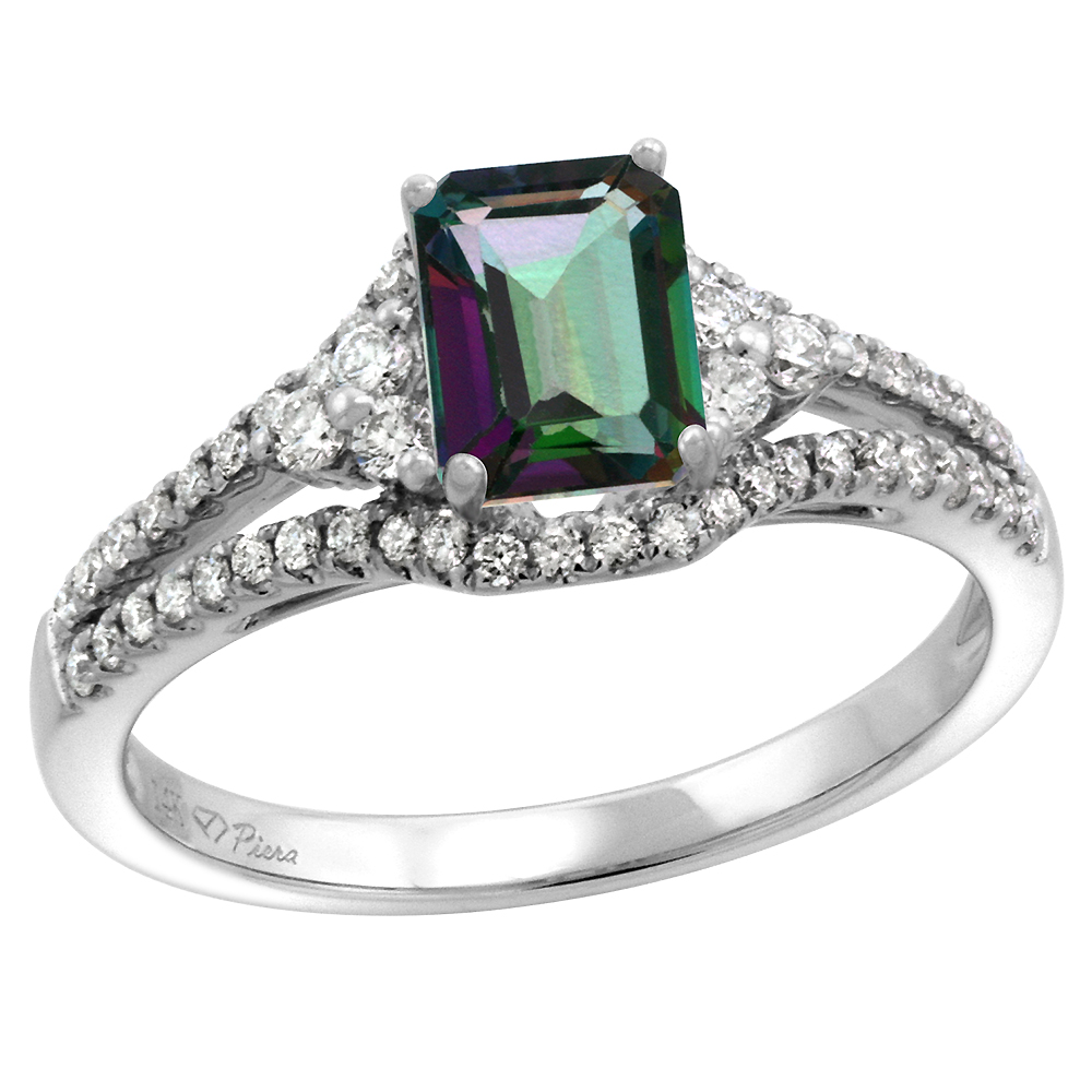 14k White Gold Diamond Halo Genuine Mystic Topaz Engagement Ring Split Shank Octagon 7x5mm, size 5-10
