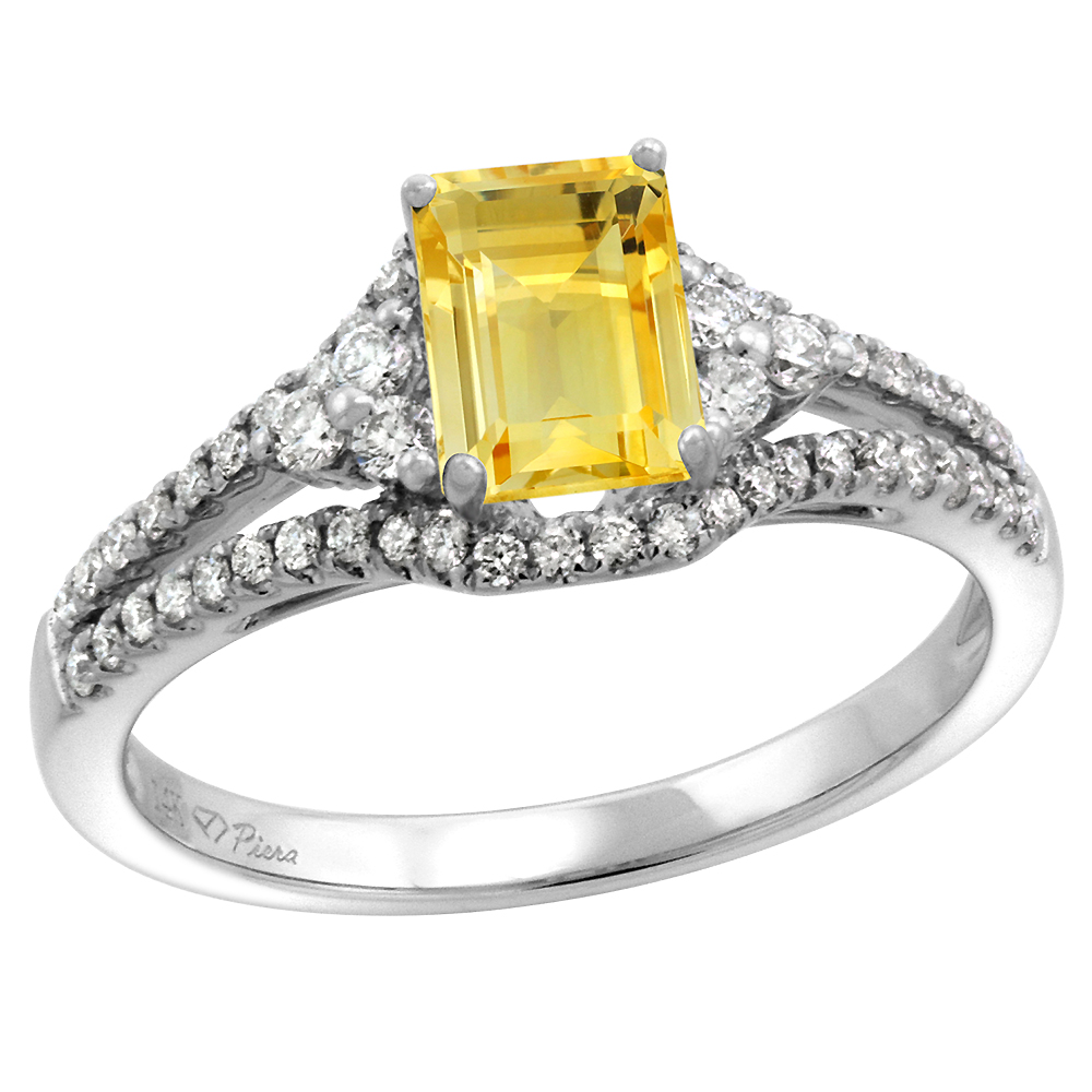 14k White Gold Diamond Halo Genuine Citrine Engagement Ring Split Shank Octagon 7x5mm, size 5-10