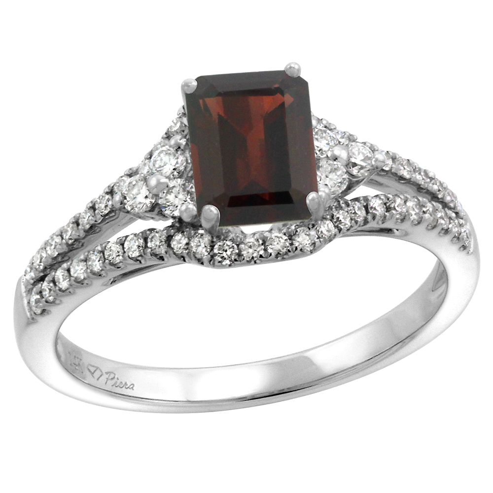 14k White Gold Diamond Halo Genuine Garnet Engagement Ring Split Shank Octagon 7x5mm, size 5-10