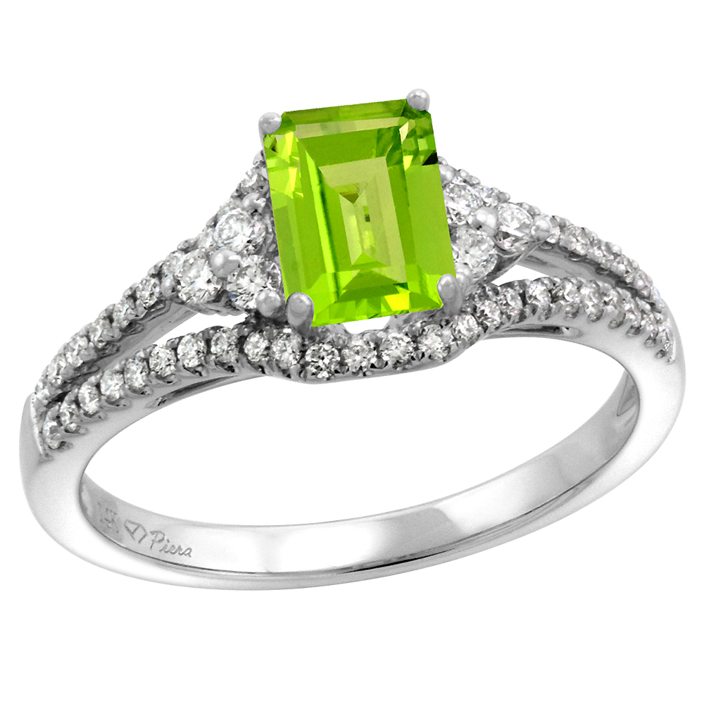 14k White Gold Diamond Halo Genuine Peridot Engagement Ring Split Shank Octagon 7x5mm, size 5-10