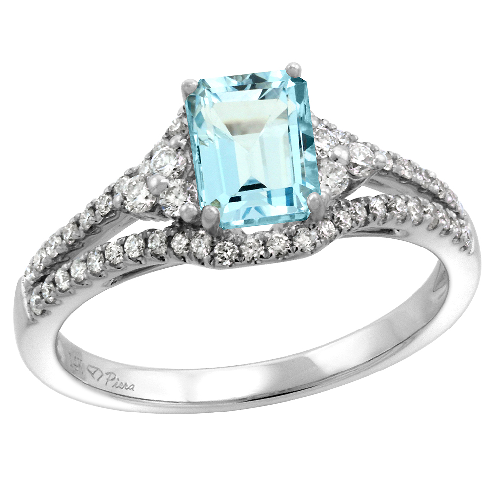 14k White Gold Diamond Halo Genuine Aquamarine Engagement Ring Split Shank Octagon 7x5mm, size 5-10