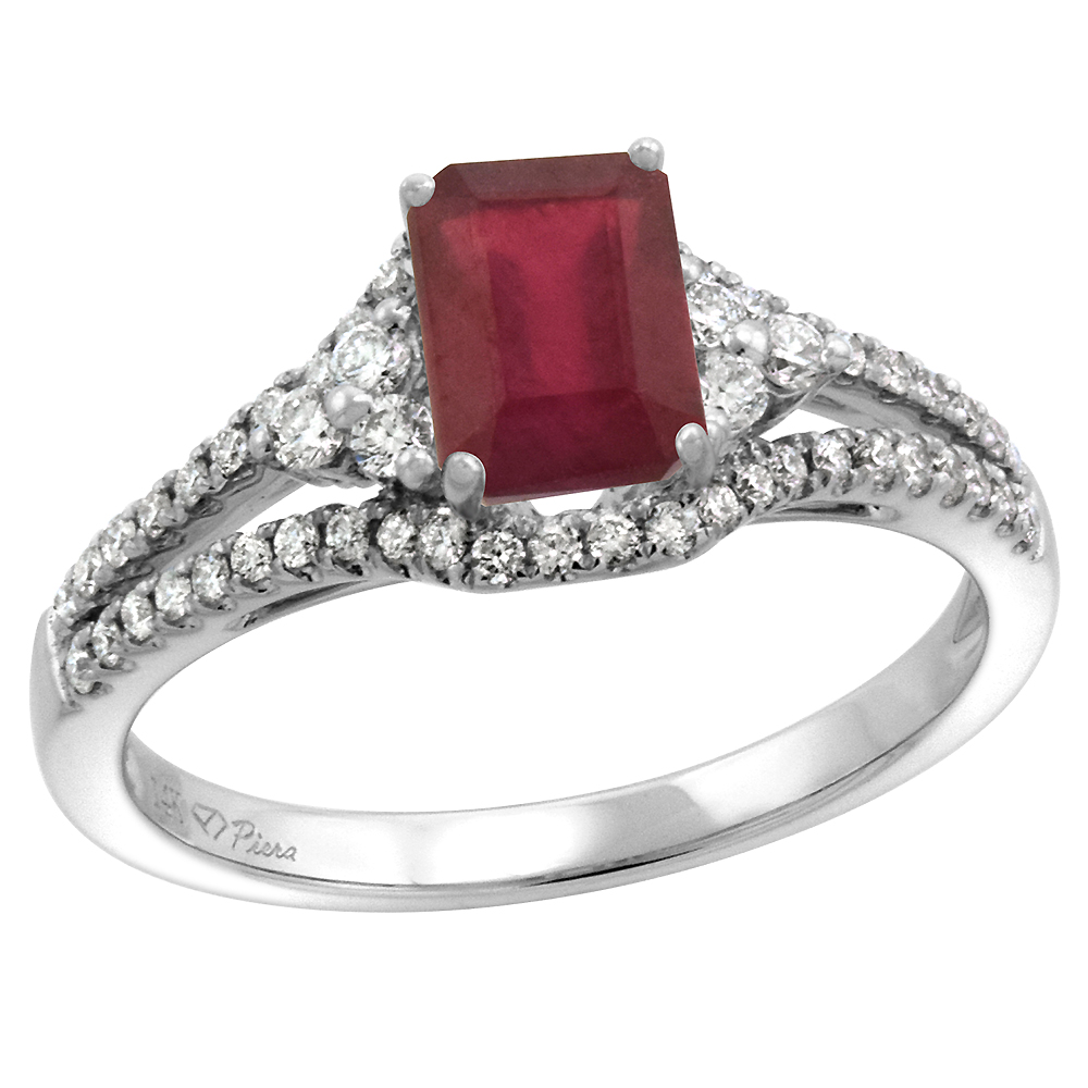 14k White Gold Diamond Halo Enhanced Genuine Ruby Engagement Ring Split Shank Octagon 7x5mm, size 5-10