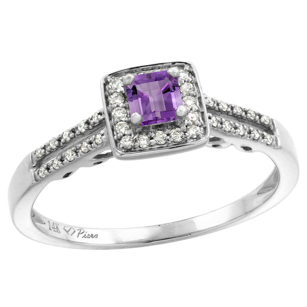 14k White Gold Diamond Halo Genuine Amethyst Engagement Ring Split Shank Princess cut 4x4mm, size 5-10