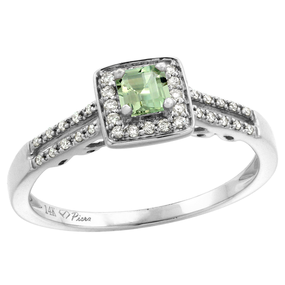 14k White Gold Diamond Halo Green Amethyst Engagement Ring Split Shank Princess cut 4x4mm, size 5-10