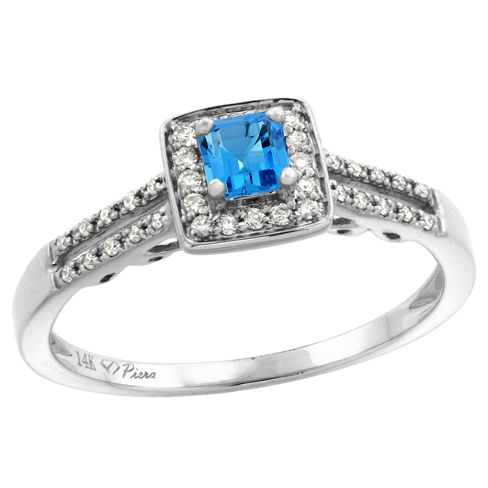 14k White Gold Diamond Halo Swiss Blue Topaz Engagement Ring Split Shank Princess cut 4x4mm, size 5-10