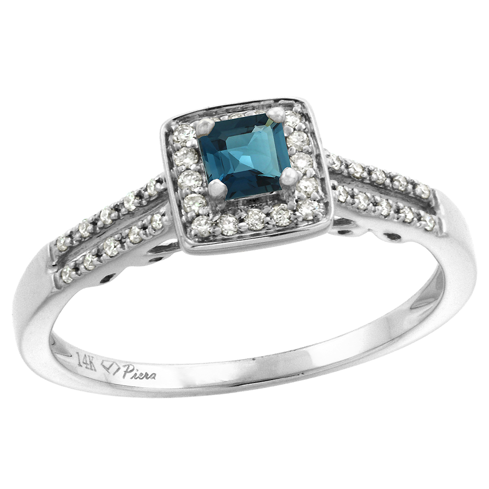 14k White Gold Diamond Halo London Blue Topaz Engagement Ring Split Shank Princess cut 4x4mm, size 5-10