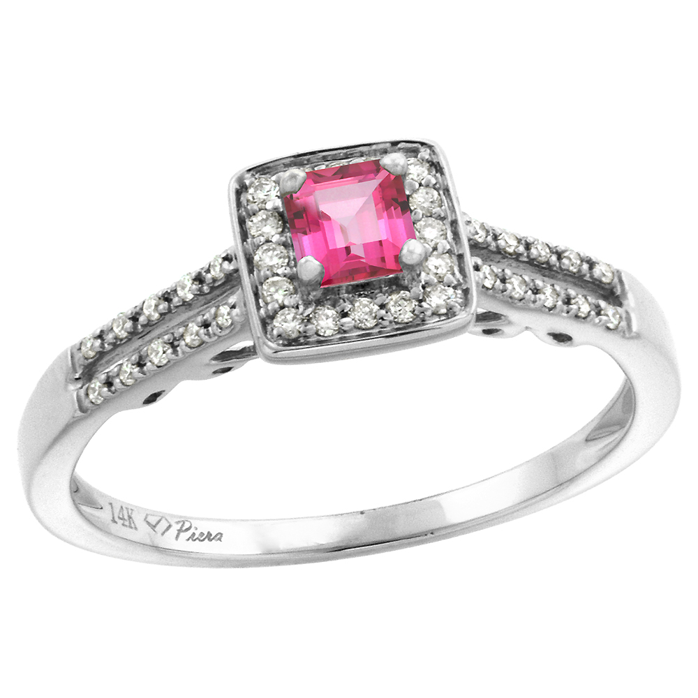 14k White Gold Diamond Halo Genuine Pink Topaz Engagement Ring Split Shank Princess cut 4x4mm, size 5-10