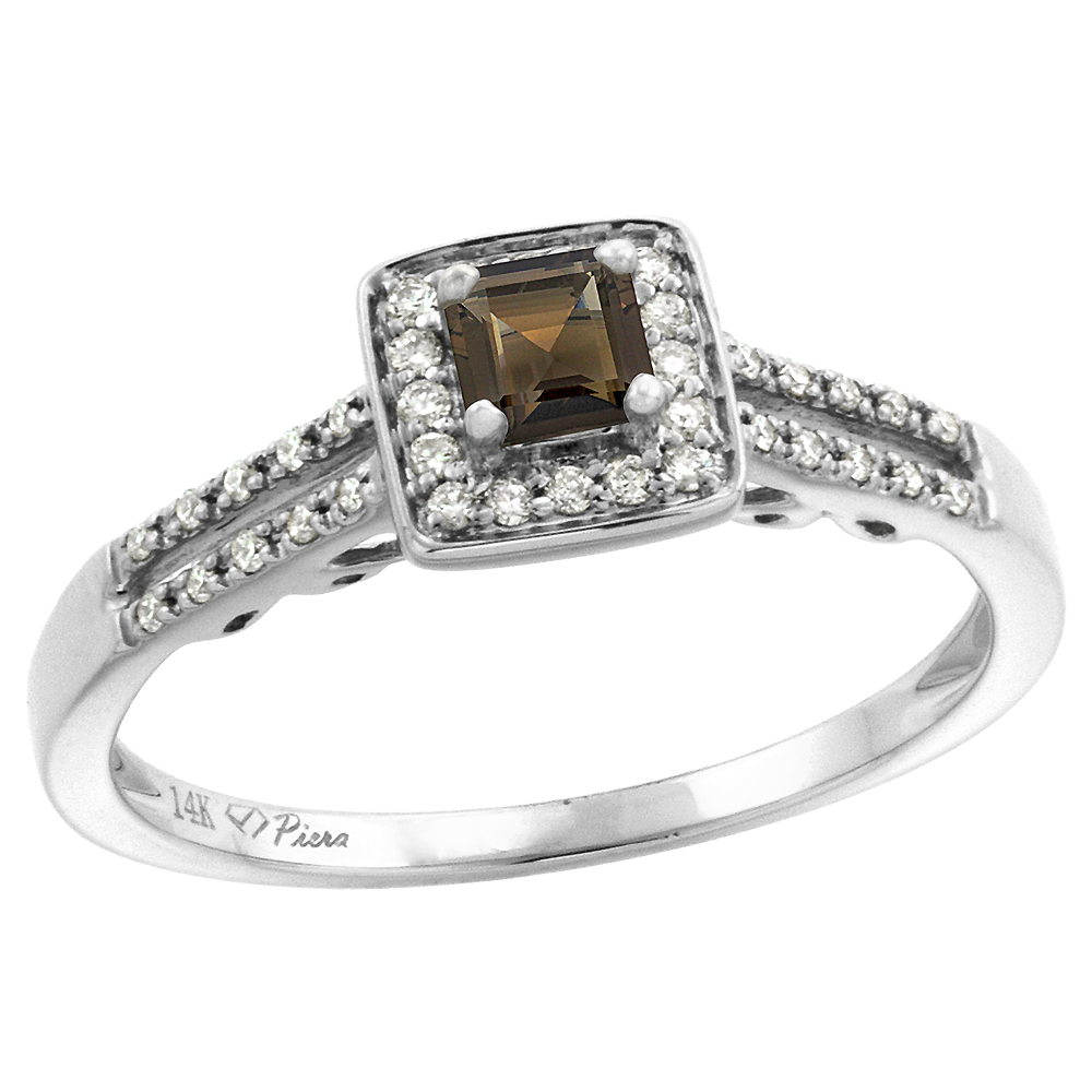 14k White Gold Diamond Halo Genuine Smoky Topaz Engagement Ring Split Shank Princess cut 4x4mm, size 5-10