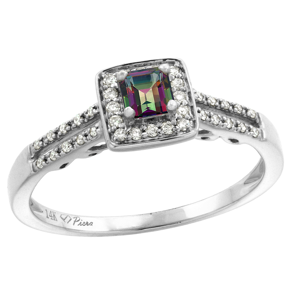 14k White Gold Diamond Halo Mystic Topaz Engagement Ring Split Shank Princess cut 4x4mm, size 5-10