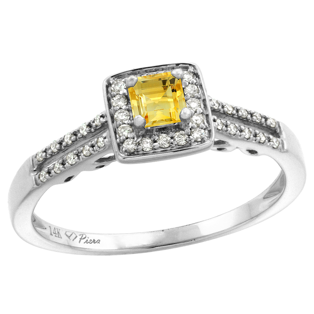 14k White Gold Diamond Halo Genuine Citrine Engagement Ring Split Shank Princess cut 4x4mm, size 5-10