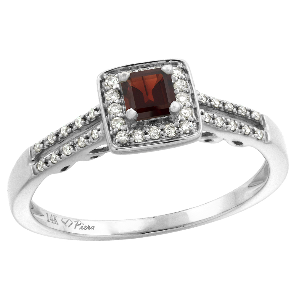 14k White Gold Diamond Halo Genuine Garnet Engagement Ring Split Shank Princess cut 4x4mm, size 5-10
