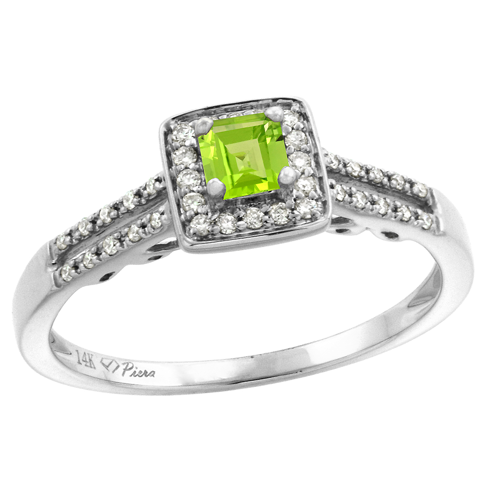 14k White Gold Diamond Halo Genuine Peridot Engagement Ring Split Shank Princess cut 4x4mm, size 5-10