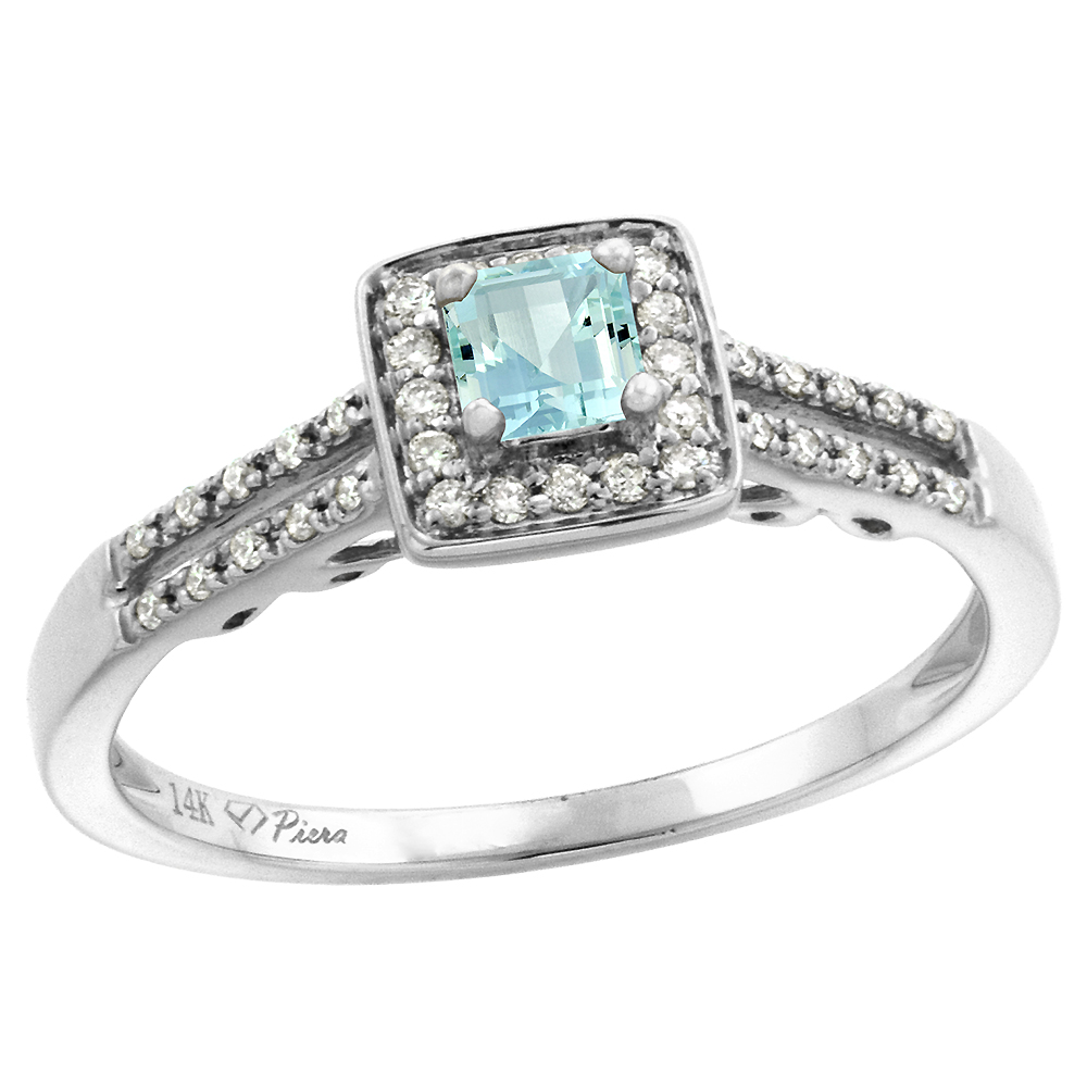 14k White Gold Diamond Halo Genuine Aquamarine Engagement Ring Split Shank Princess cut 4x4mm, size 5-10