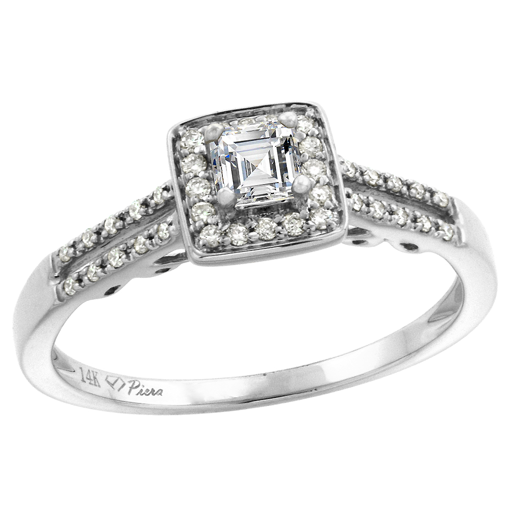 14k White Gold 0.53 cttw Genuine Diamond Halo Engagement Ring Split Shank Princess cut 4x4mm, size 5-10