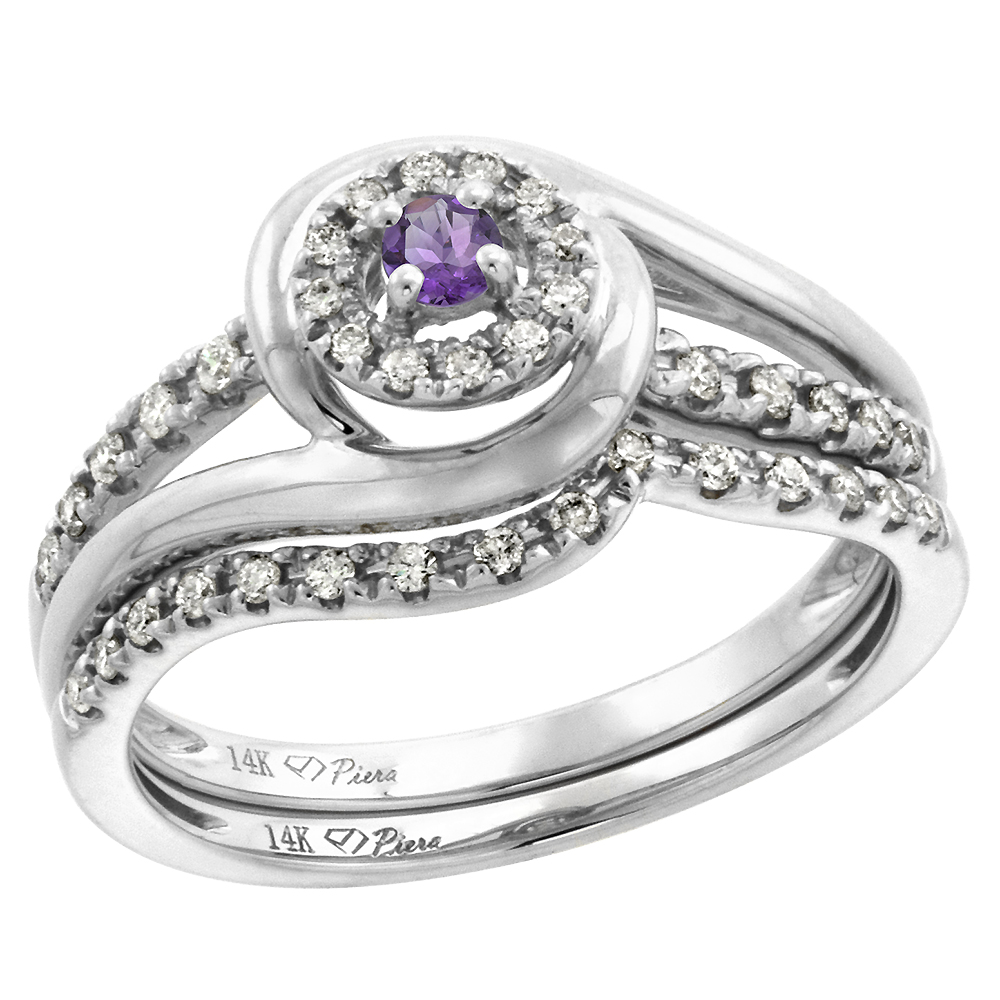 14k White Gold Diamond & Amethyst Halo Engagement Ring Set 2 Piece Round Brilliant cut 3mm, size 5-10