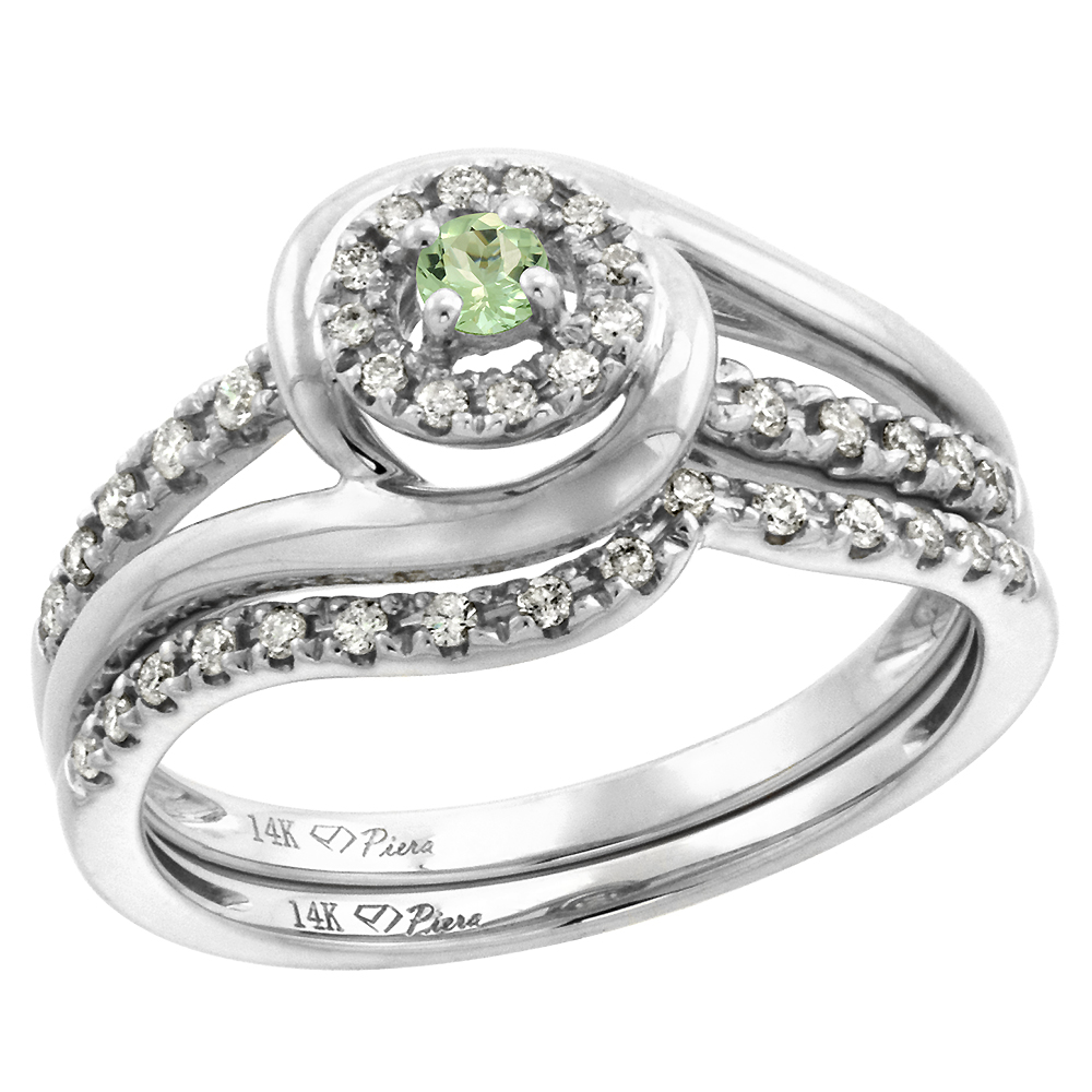 14k White Gold Diamond & Green Amethyst Halo Engagement Ring Set 2 Piece Round Brilliant cut 3mm,size5-10