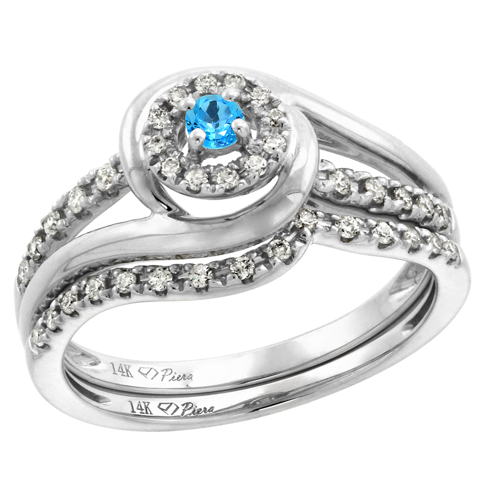 14k White Gold Diamond & Swiss Blue Topaz Halo Engagement Ring Set 2 Pc Round Brilliant cut 3mm,size5-10