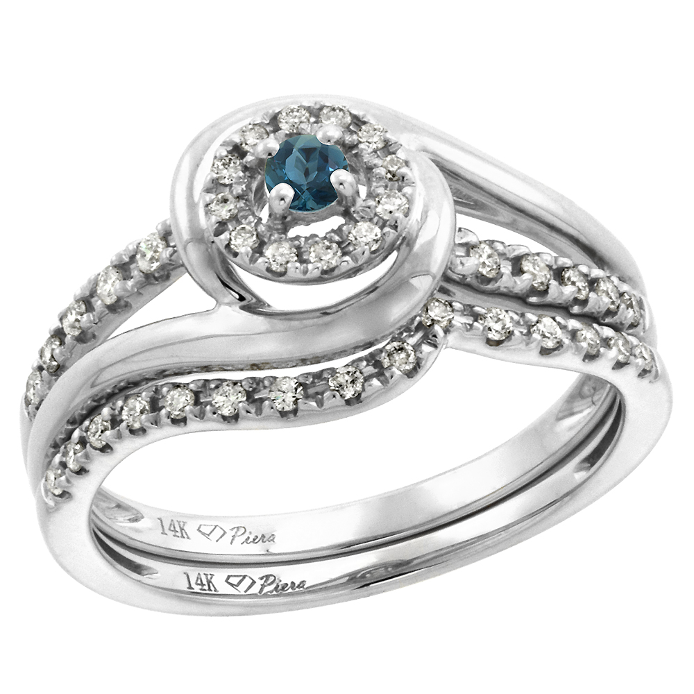 14k White Gold Diamond & London Blue Topaz Halo Engagement Ring Set 2 Pc Round Brilliant cut 3mm,size5-10