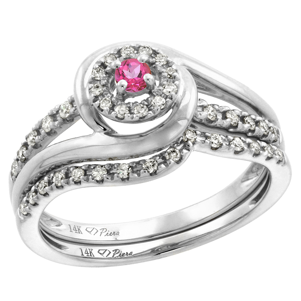 14k White Gold Diamond & Pink Topaz Halo Engagement Ring Set 2 Piece Round Brilliant cut 3mm, size 5-10