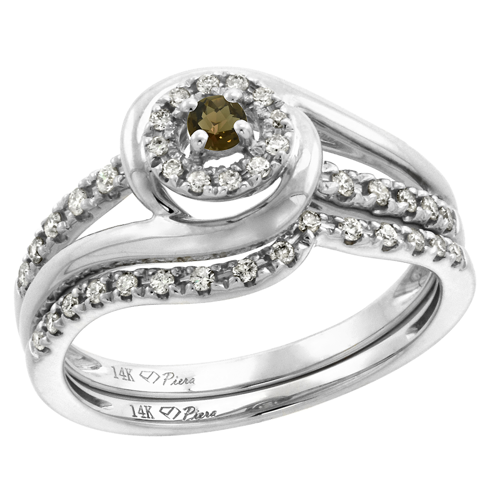 14k White Gold Diamond & Smoky Topaz Halo Engagement Ring Set 2 Piece Round Brilliant cut 3mm, size 5-10