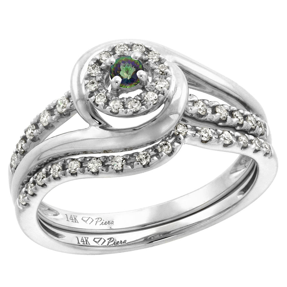 14k White Gold Diamond & Mystic Topaz Halo Engagement Ring Set 2 Piece Round Brilliant cut 3mm, size 5-10