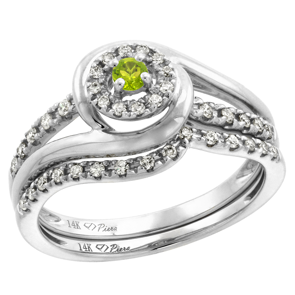 14k White Gold Diamond & Genuine Peridot Halo Engagement Ring Set 2 Pc Round Brilliant cut 3mm,size5-10