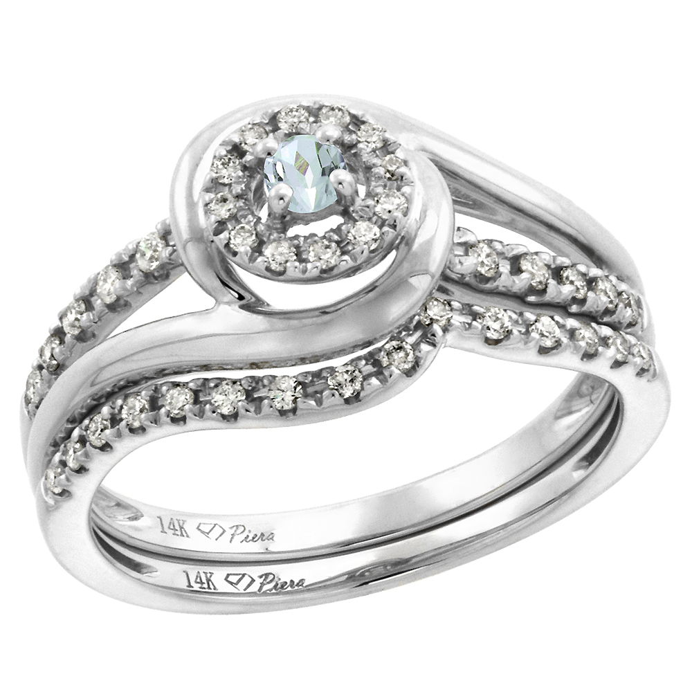 14k White Gold Diamond & Aquamarine Halo Engagement Ring Set 2 Piece Round Brilliant cut 3mm, size 5-10