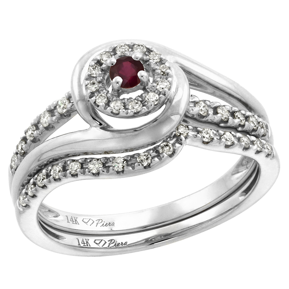 14k White Gold Diamond & Enhanced Ruby Halo Engagement Ring Set 2 Piece Round Brilliant cut 3mm, size5-10