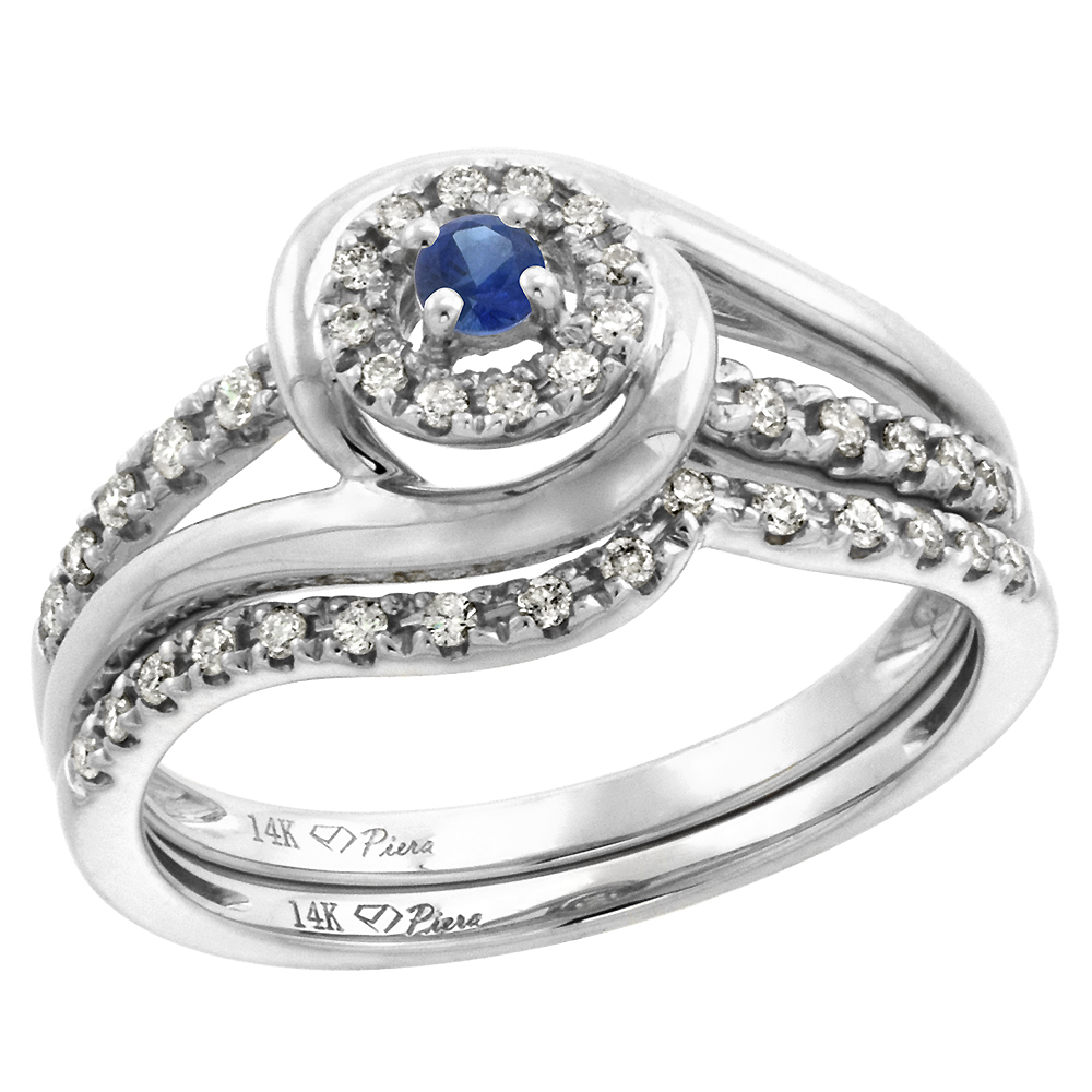 14k White Gold Diamond & Blue Sapphire Halo Engagement Ring Set 2 Piece Round Brilliant cut 3mm, size5-10