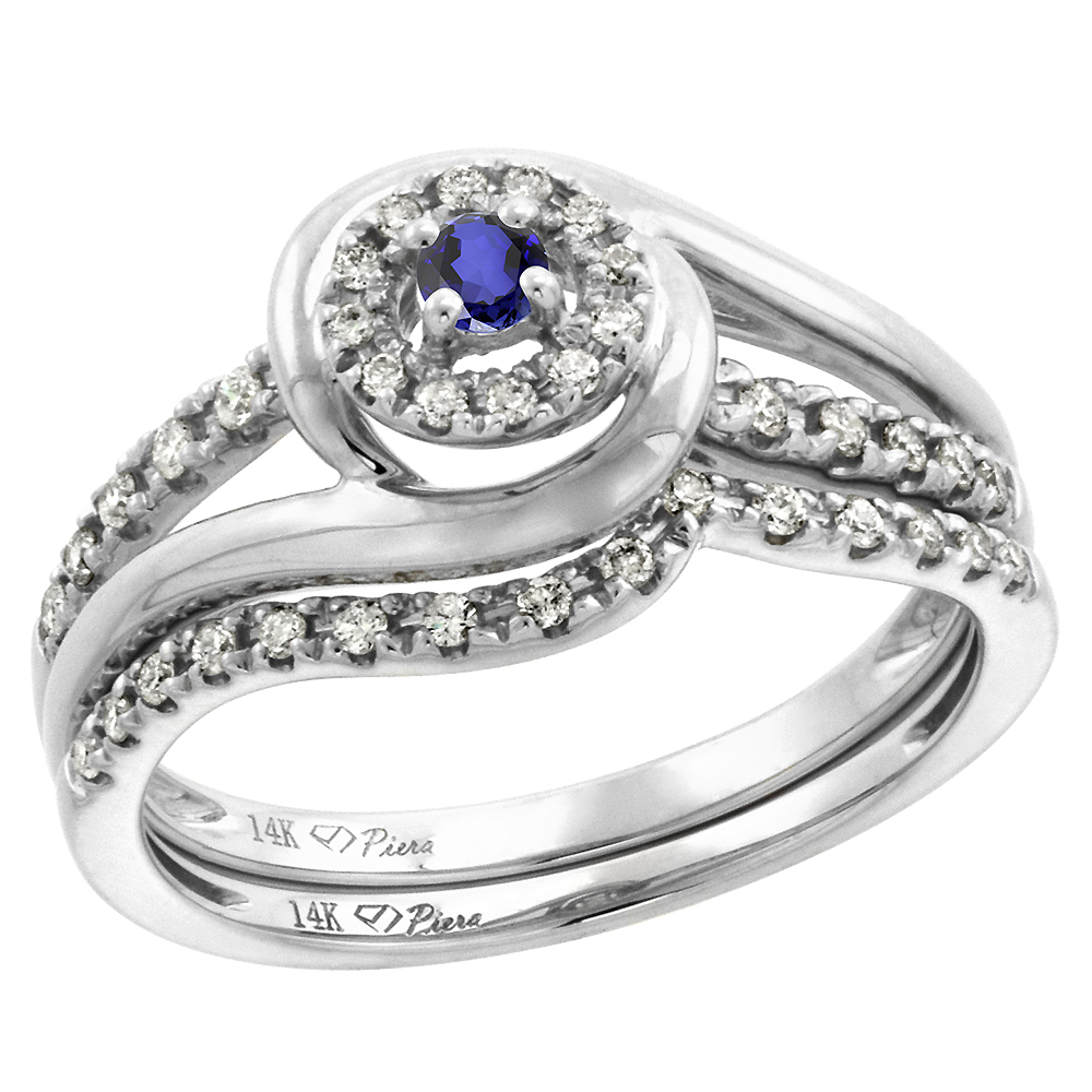 14k White Gold Diamond & Tanzanite Halo Engagement Ring Set 2 Piece Round Brilliant cut 3mm, size 5-10