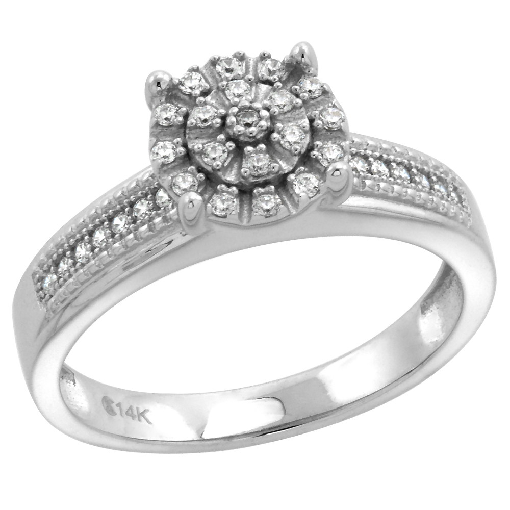 14k White Gold Cubic Zirconia Ladies Engagement Ring Halo 7mm wide, size 5-10