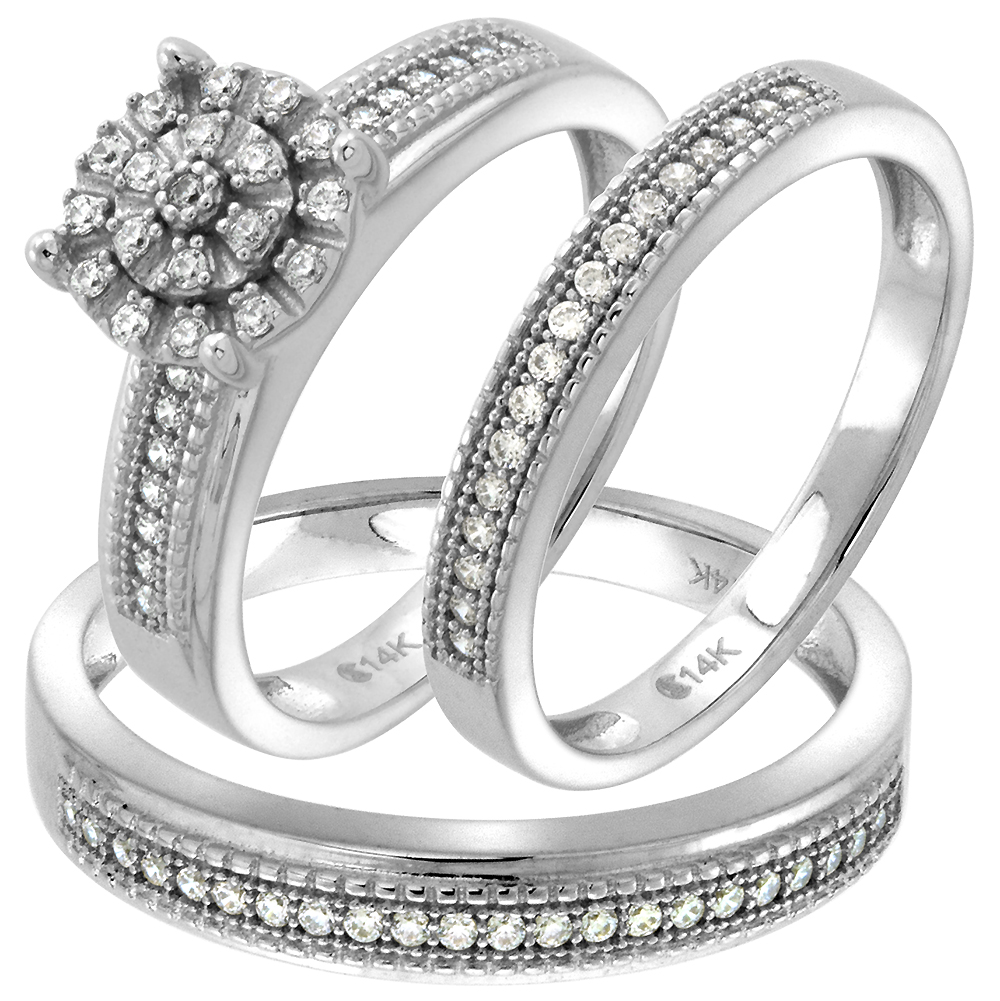 14k White Gold Cubic Zirconia Trio Engagement Wedding Ring Set 3 Piece Halo Pave L 5-10 M 8-14