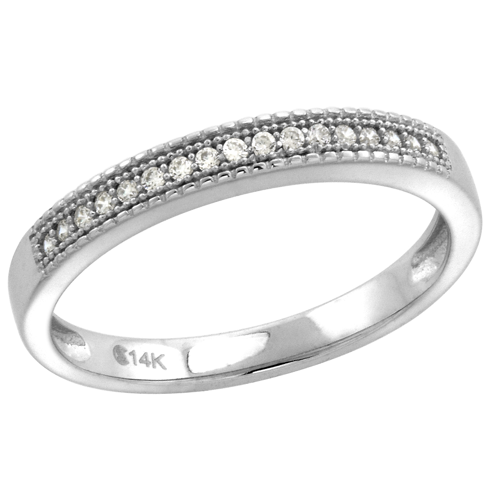 14k White Gold Cubic Zirconia Half Eternity Wedding Band for Women 2mm Pave, size 5-10