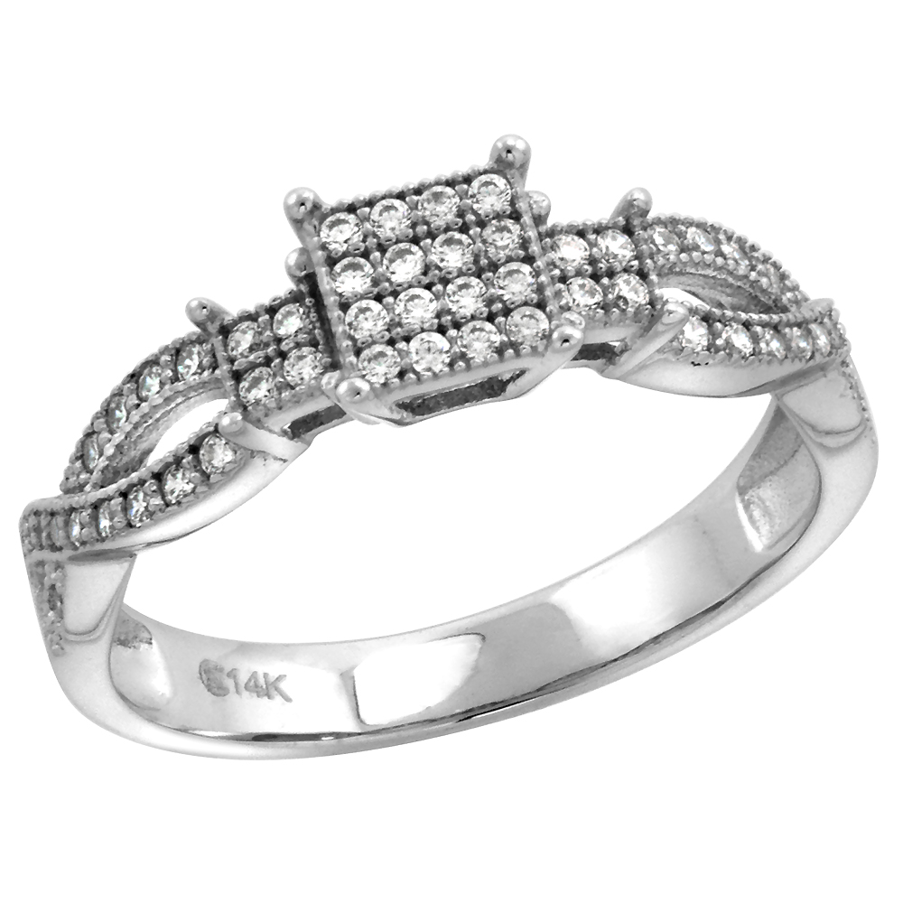 14k White Gold Cubic Zirconia Ladies Engagement Ring Entwined Rope 6mm Square, size 5-10