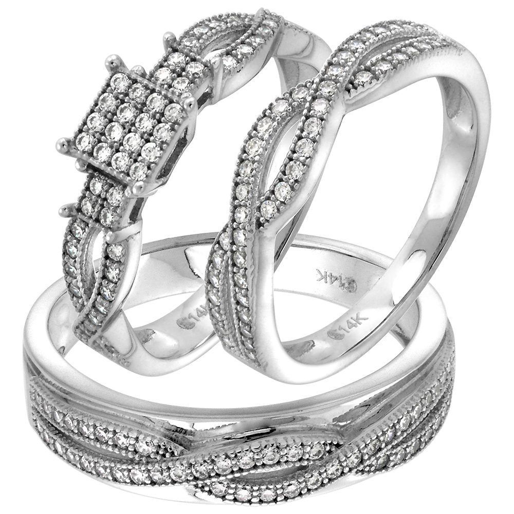 14k White Gold Cubic Zirconia Trio Wedding Ring Set 3 Piece Pave Entwined Design L 5-10, M 8-14