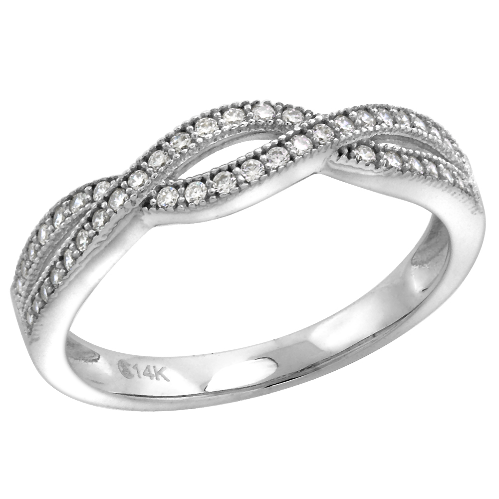 14k White Gold Cubic Zirconia Wedding Band for Women Entwined Rope 4mm, size 5-10