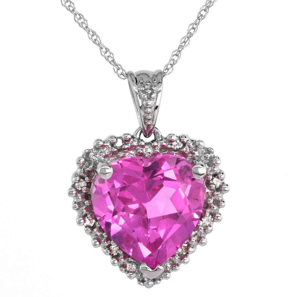 10k White Gold Created Pink Sapphire Heart Necklace Diamond Halo 9/16 inch 18 inch thin Chain